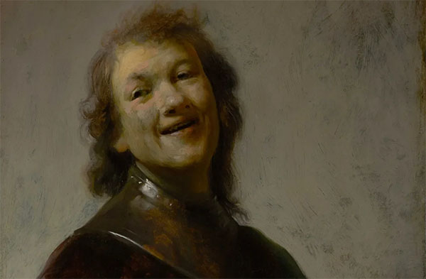 Rembrandt Laughing, about 1628. Oil on copper, 8 ¾ in. x 6 ¾ in. (22.2 x 17.1 cm). [detail] The J. Paul Getty Museum, Los Angeles, 2013.60 
