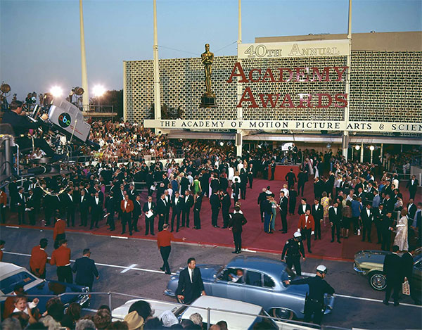 The red carpet at the Santa Monica Civic Auditorium during the 40th Annual Academy Awards (1968). Courtesy of Academy Awards show photographs, Margaret Herrick Library, Academy of Motion Picture Arts and Sciences