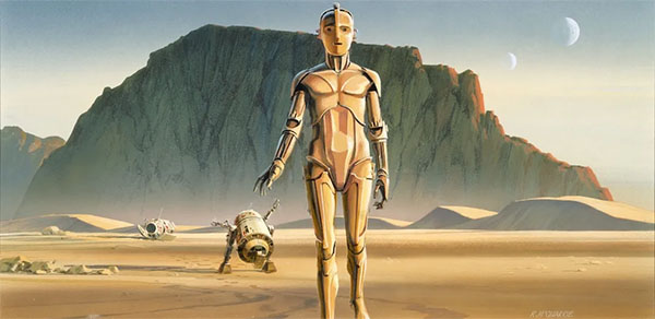 Ralph McQuarrie painting Artoo and Threepio leave the pod in the desert production art for Star Wars Episode IV: A New Hope (courtesy of the Lucas Museum)